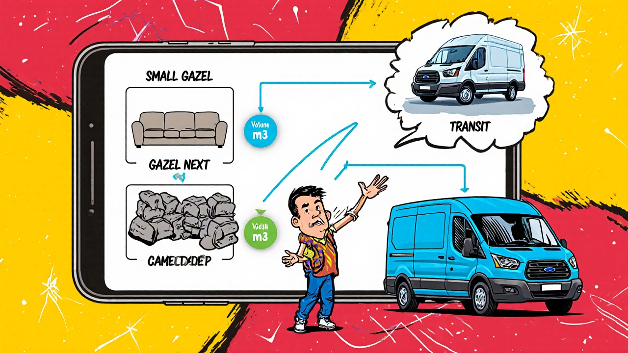 Человек смотрит на телефон, где сравниваются три типа грузовиков с объемами и ценами.