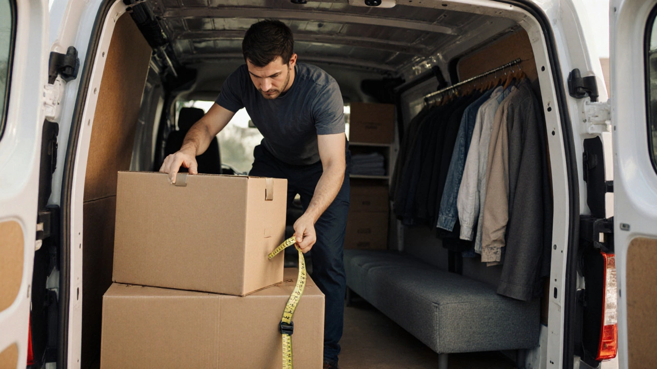 Грузчик упаковывает коробки под диваном в закрытом фургоне Газель, регулируя ремни крепления, теплый свет из кабины.
