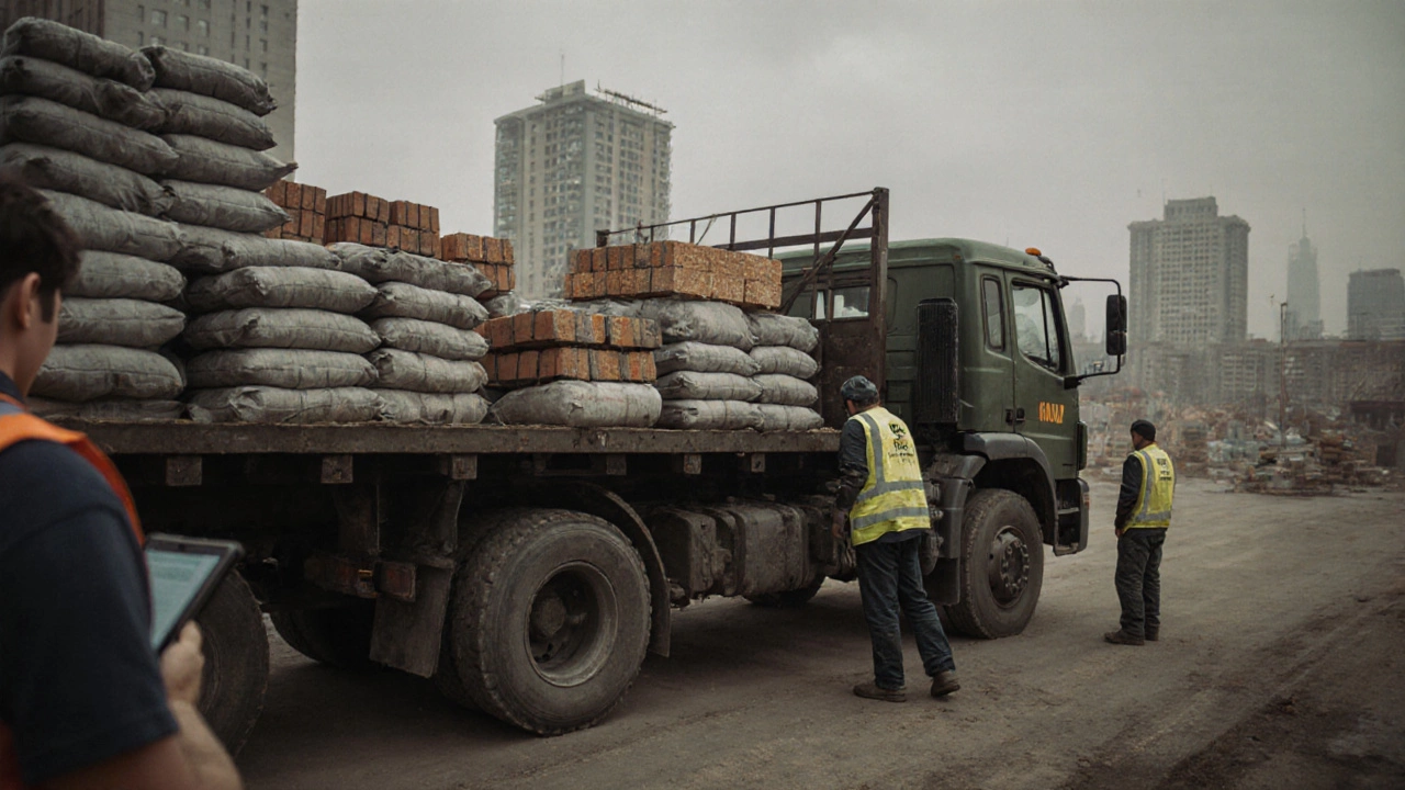 Грузовик КАМАЗ с кирпичами и мешками цемента на открытой платформе, рабочие загружают груз.