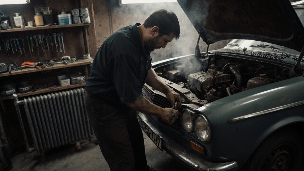 Механик чинит Газель Бизнес в гараже с базовыми инструментами