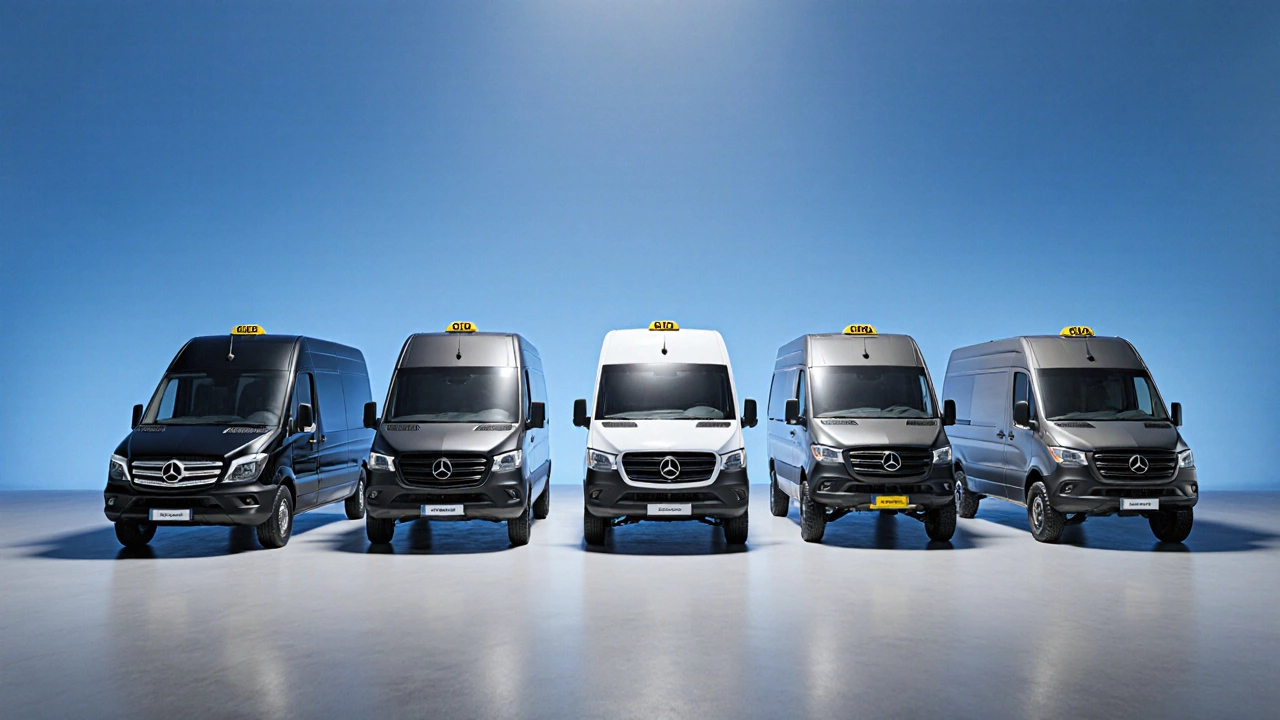 Пять грузовых автомобилей (Газель, Ford Transit, Mercedes Sprinter, MAN TGL, УАЗ Патриот) стоят в студии рядом.