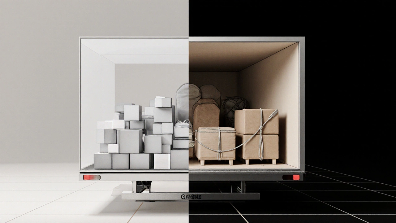 Сравнение теоретического и реального объема кузова Газели: идеальные кубы против неровной мебели с пустотами и ремнями.