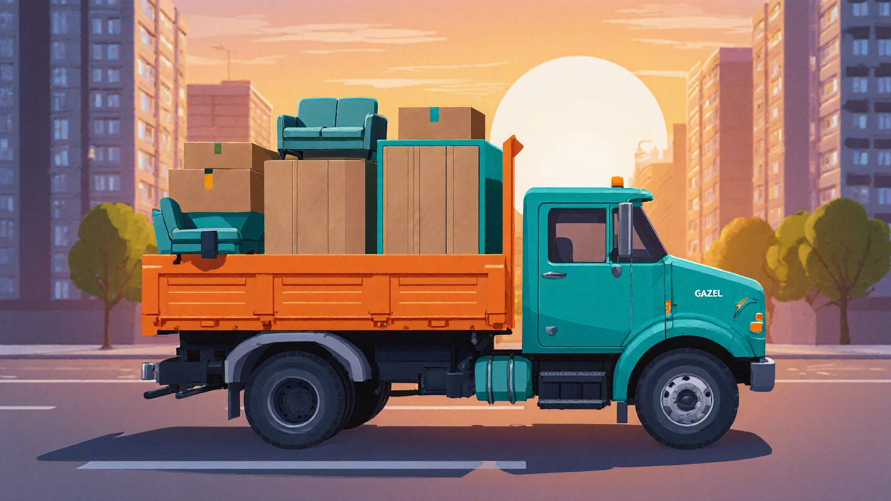 Увеличенная Газель-Бизнес с двумя диванами, тремя шкафами и обеденным набором на фоне города.