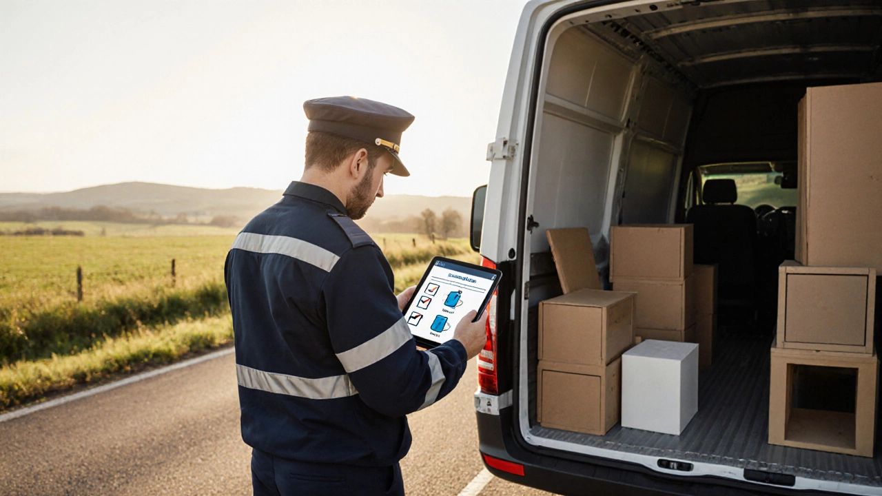 Водитель проверяет груз и условия рядом с открытым Mercedes Sprinter на сельской дороге.