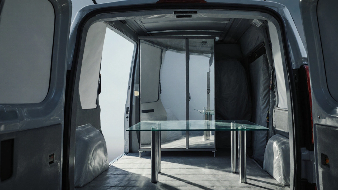 Закрытый фургон Газель с зеркальным шкафом и стеклянным столом, защищённые ремнями.