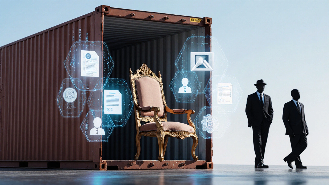 Антикварный кресло в контролируемом контейнере с документами