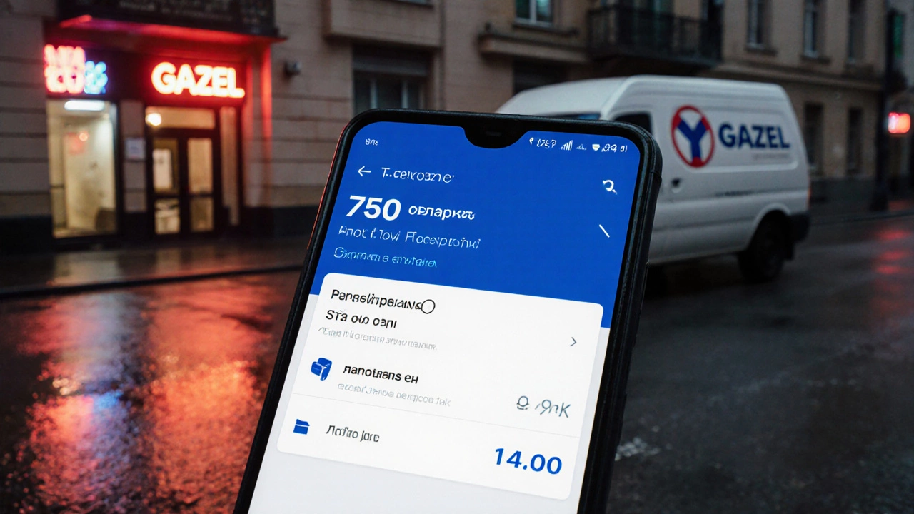 Экран смартфона с приложением Яндекс Перевозка, показывающим цену 750 ₽ за перевозку дивана.