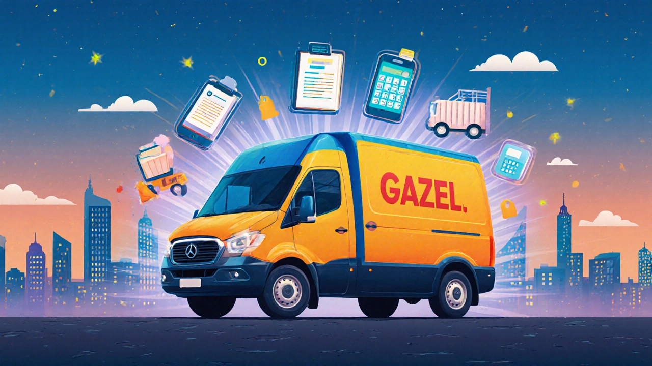 ГАЗЕЛЬ окружена символами бизнеса: контракты, приложение, грузчики и калькулятор налогов — метафора роста.