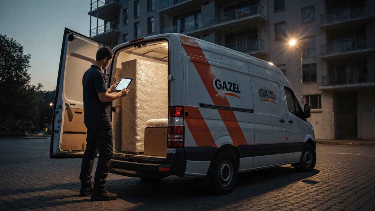 ГАЗЕЛЬ с открытой задней дверью и аккуратно упакованной мебелью у подъезда дома вечером.