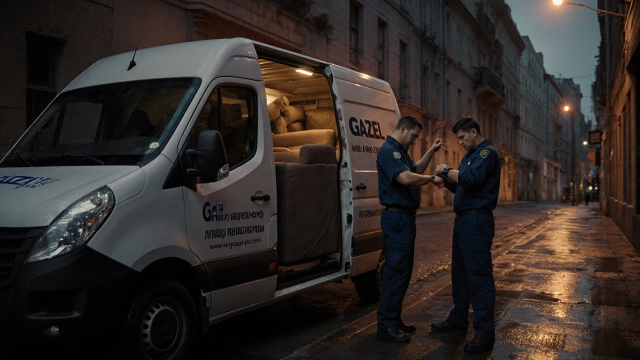 Грузчики упаковывают диван в ГАЗЕЛЬ, клиент смотрит на часы — минимальный срок аренды 3 часа.