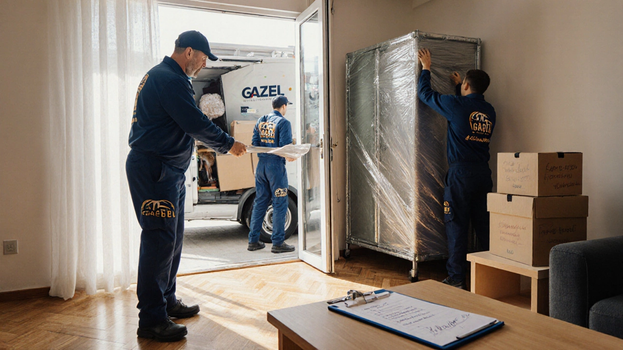 Грузчики упаковывают шкаф в квартире в Калуге перед погрузкой в ГАЗЕЛЬ.