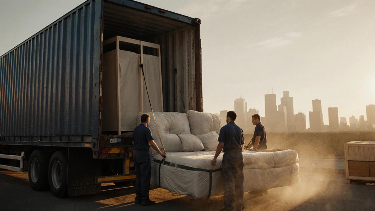 Грузчики загружают мебель в большой грузовик на закате.