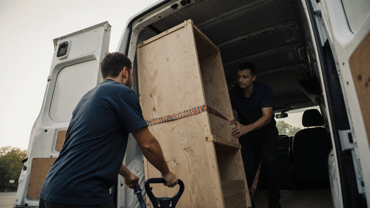 Грузчики загружают шкаф в грузовик с помощью тележки и фанеры.
