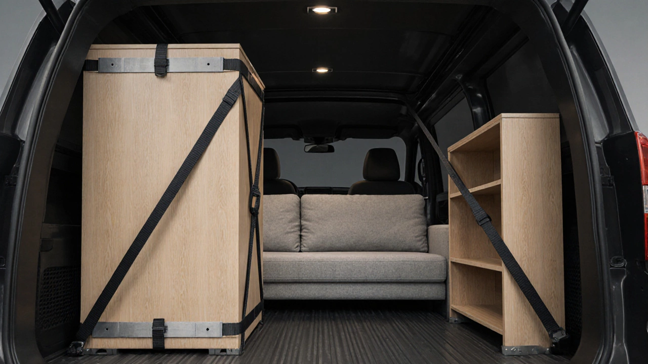 Шкаф, диван и полки надежно закреплены стропами в кузове Газели.