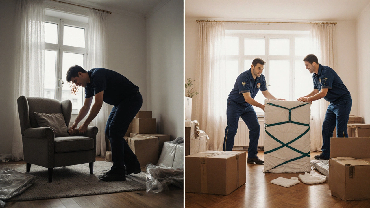 Сравнение: человек один тащит мебель и профессионалы упаковывают её безопасно.