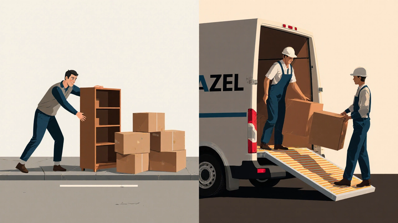 Сравнение: человек сам таскает мебель vs профессиональная команда загружает её в грузовик.