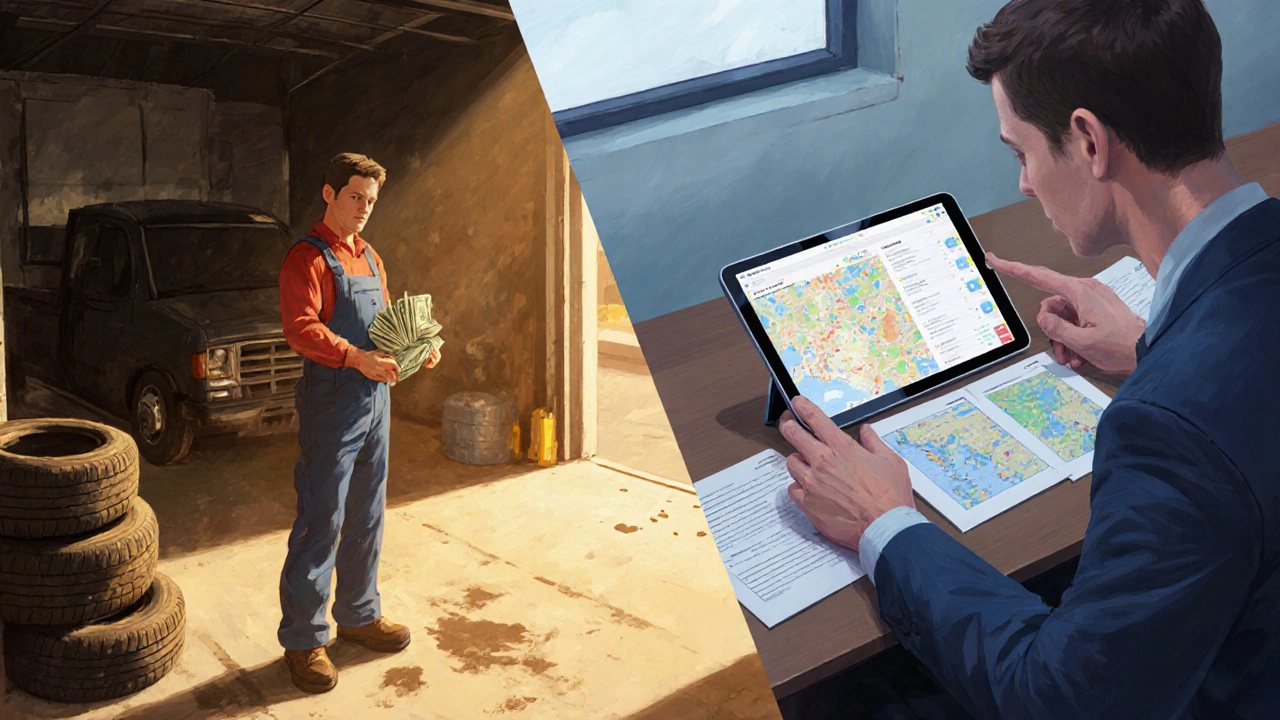 Водитель ГАЗЕЛИ слева считает деньги в гараже, справа управляет доставками на планшете — сравнение бизнес-подходов.