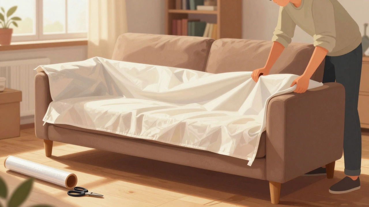 Человек оборачивает диван в одеяло дома перед отправкой, солнечный свет через окно.