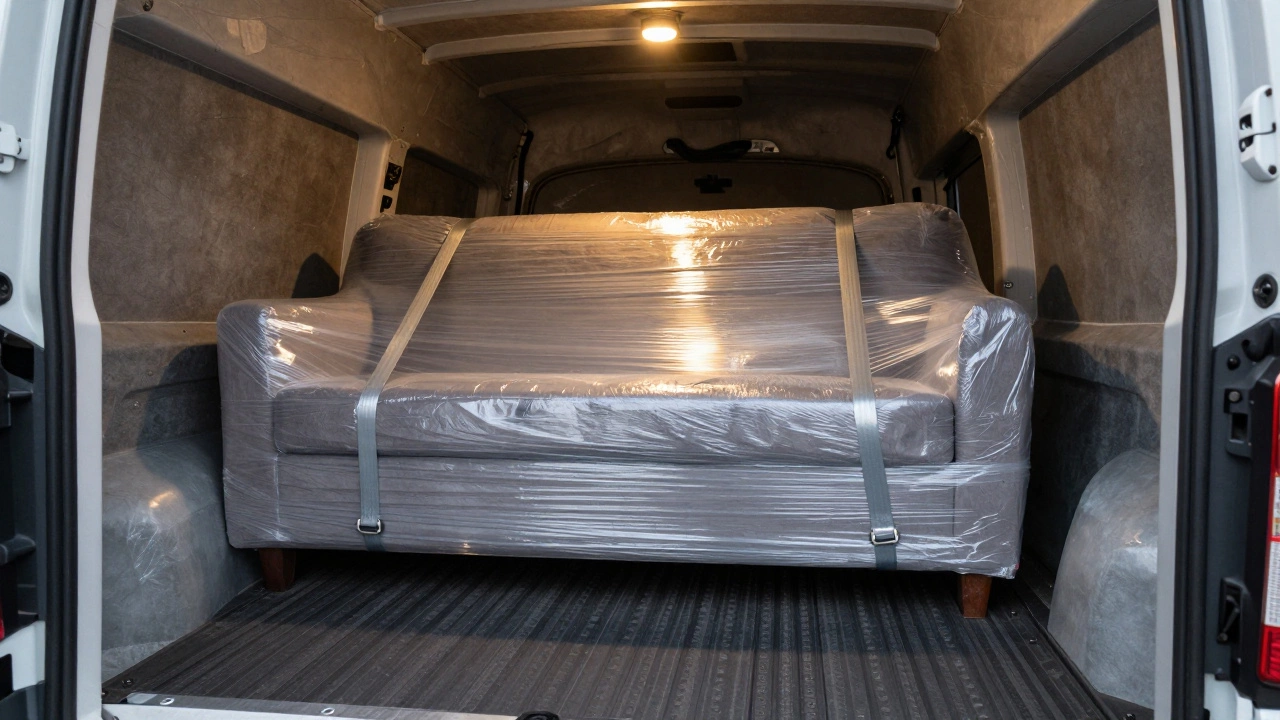 Диван зафиксирован ремнями в грузовике, лежит горизонтально на резиновом полу.