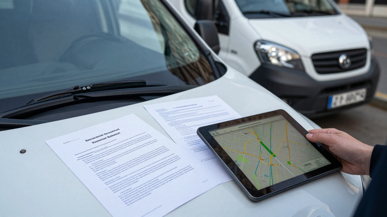 Договор и страховка на капоте Газели с отображением трекинга на планшете.