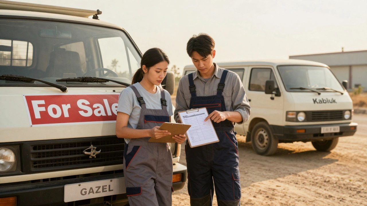 Два партнёра осматривают подержанную ГАЗЕЛЬ с документами и счётчиком ремонта.