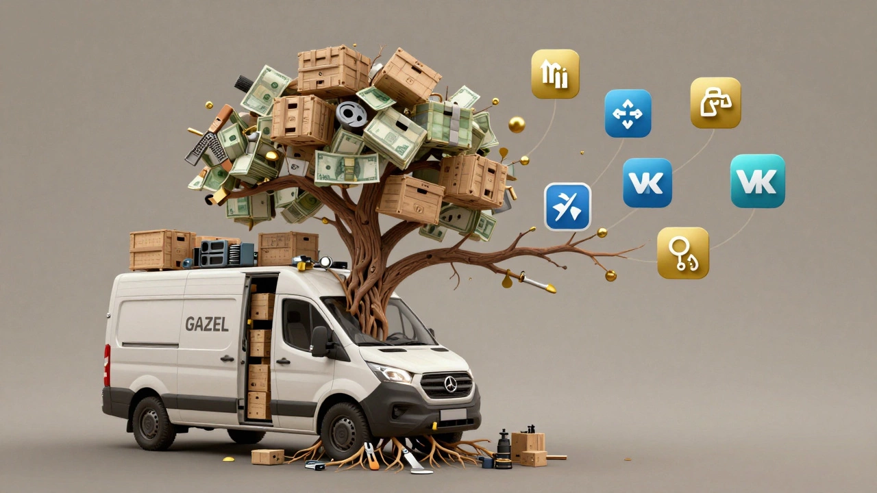 Газель превращается в дерево из ящиков и инструментов, корни из денег, ветви — к логотипам приложений.