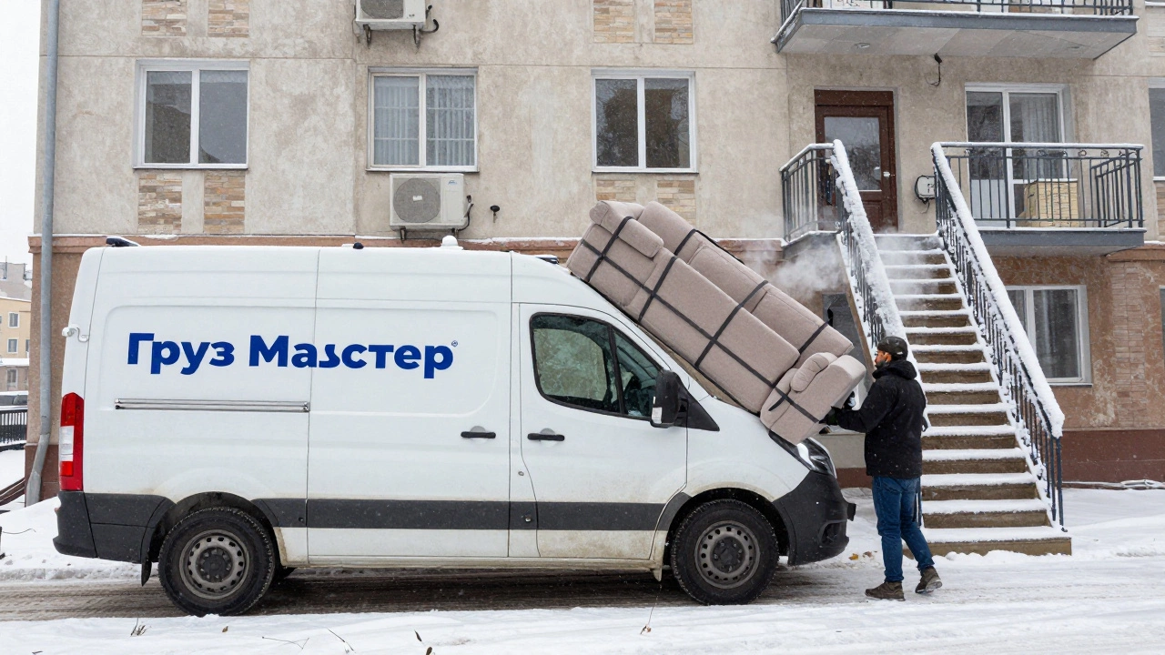 Грузчики несут угловой диван по лестнице пятиэтажки в зимний день.