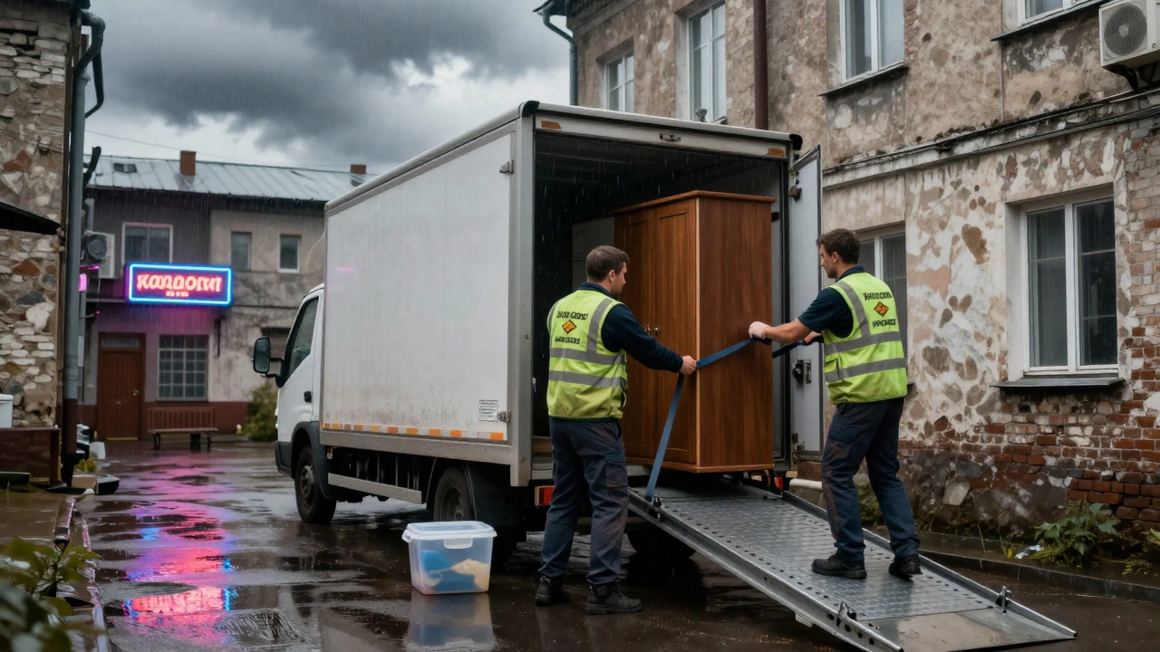 Грузовик 'Газель' в узком дворе, грузчики загружают шкаф под дождем.