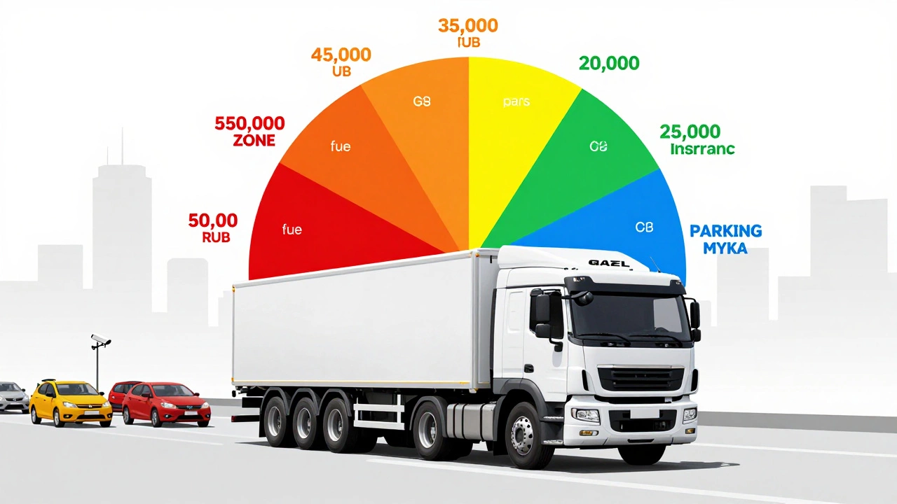 Грузовик с разбивкой годовых расходов по цветам: топливо, запчасти, ТО, страховка, парковка.
