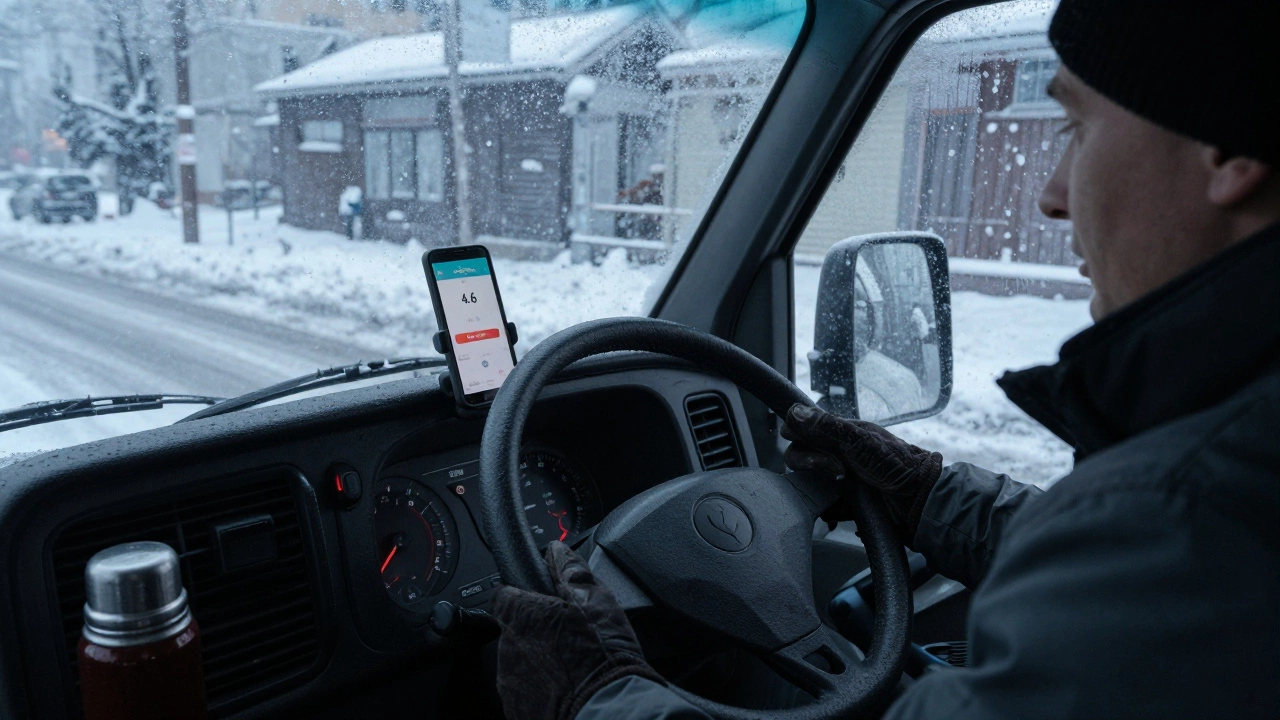 Панель приборов грузовика ГАЗЕЛЬ с экраном приложения Яндекс Доставка и снегом за окном зимой.