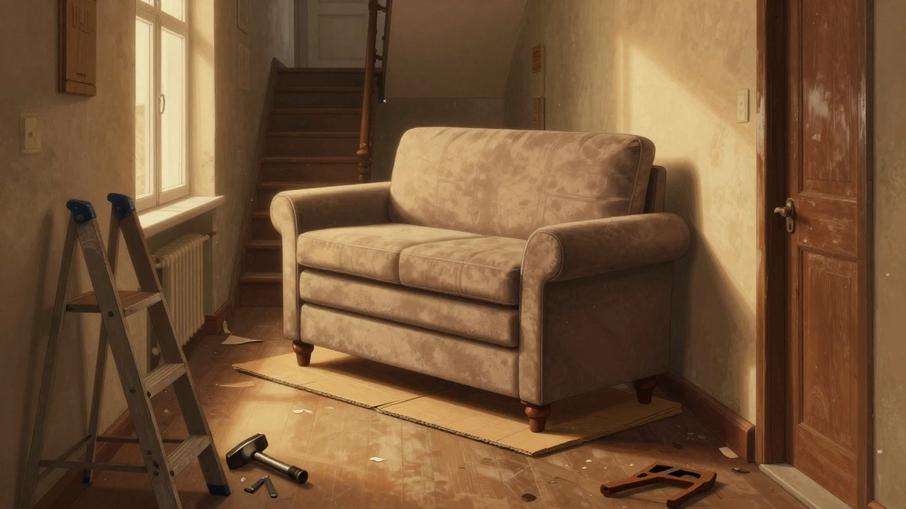 Разобранный диван аккуратно сложен на картоне в узком коридоре старого дома.