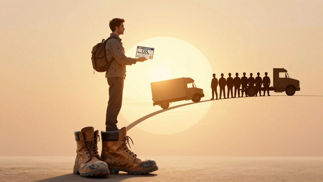 Символический путь грузчика: от потрёпанных ботинок до владельца компании под восходящим солнцем.