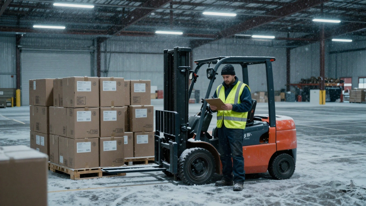 Складской рабочий в зимнем Миннесоте стоит у вилочного погрузчика, вокруг коробки, идет снег.