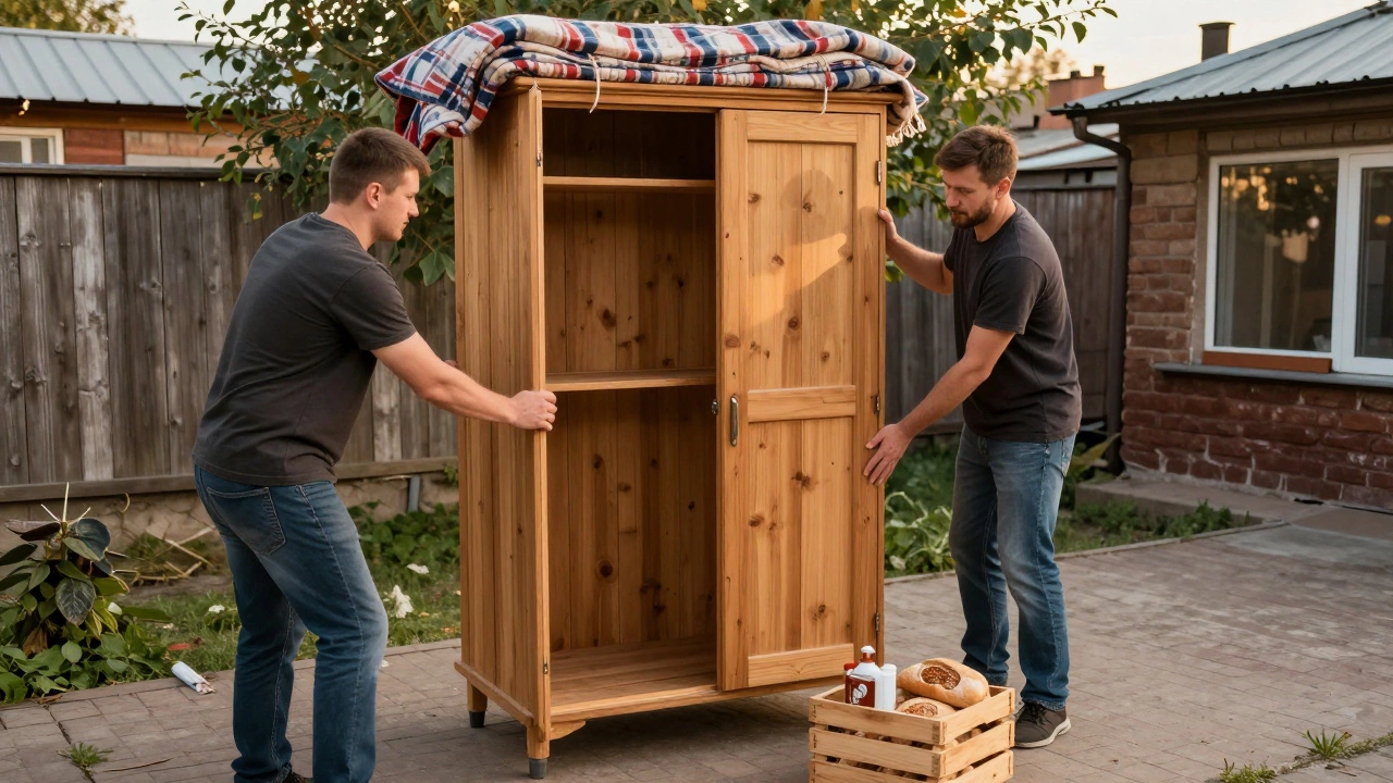 Соседи помогают друг другу переносить шкаф во дворе, рядом стоит чай и бутерброды.