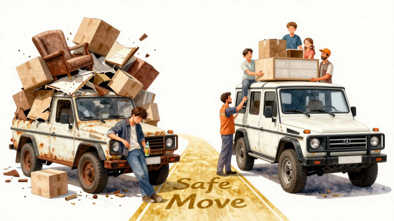 Сравнение хаотичного и безопасного переезда: сломанные вещи против целой мебели.