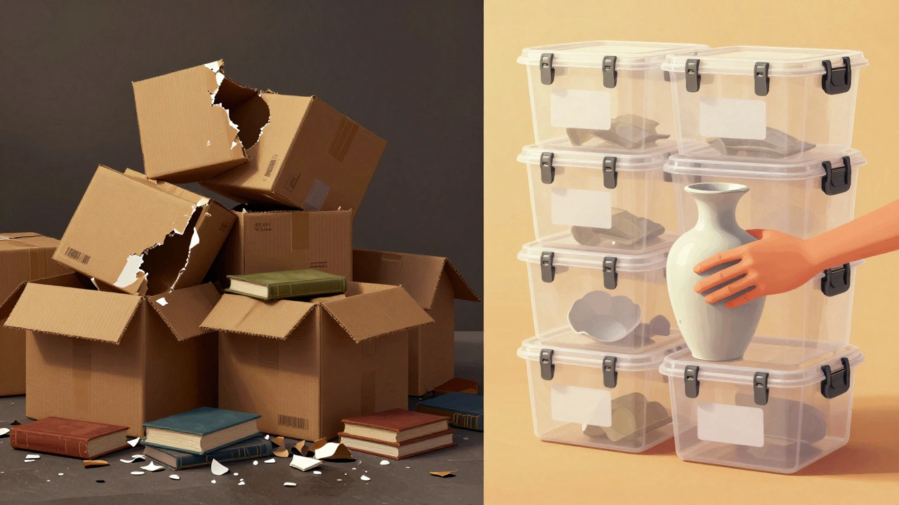 Сравнение: разбитые вещи в картонных коробках и аккуратно упакованные вещи в пластиковых контейнерах.