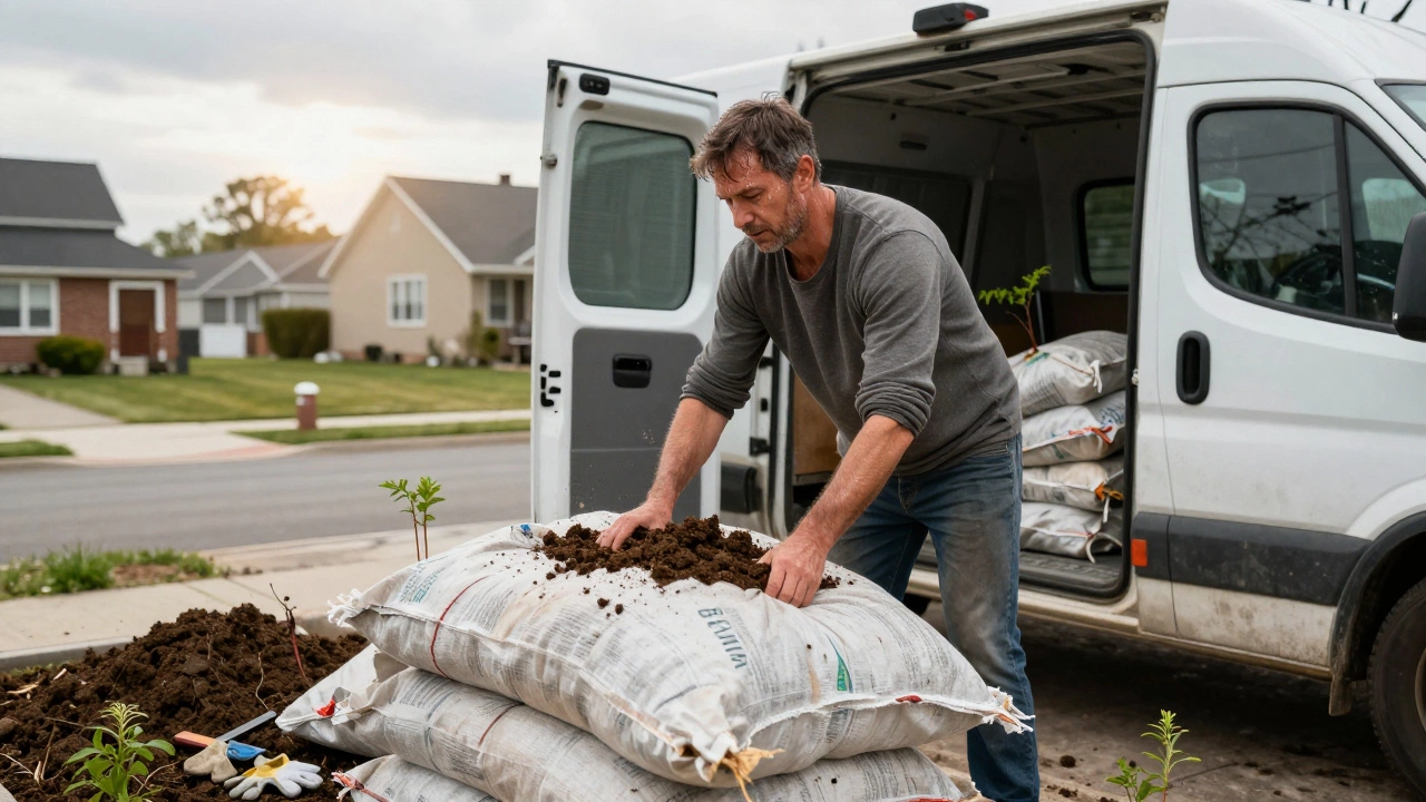 Водитель разгружает землю и саженцы из Газели на даче весной, вокруг инструменты и домики.