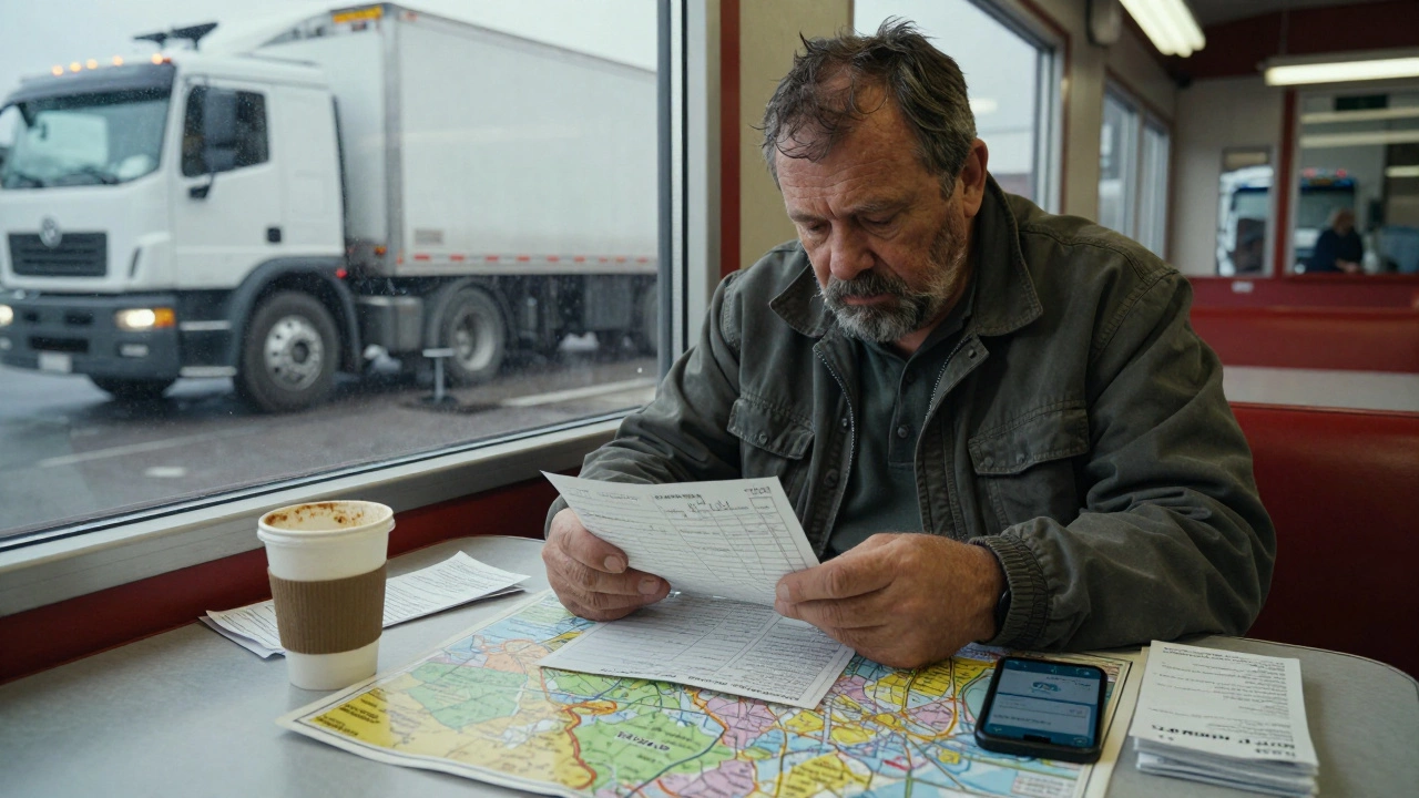 Водитель-владелец фуры изучает маршруты в дине в Туле.