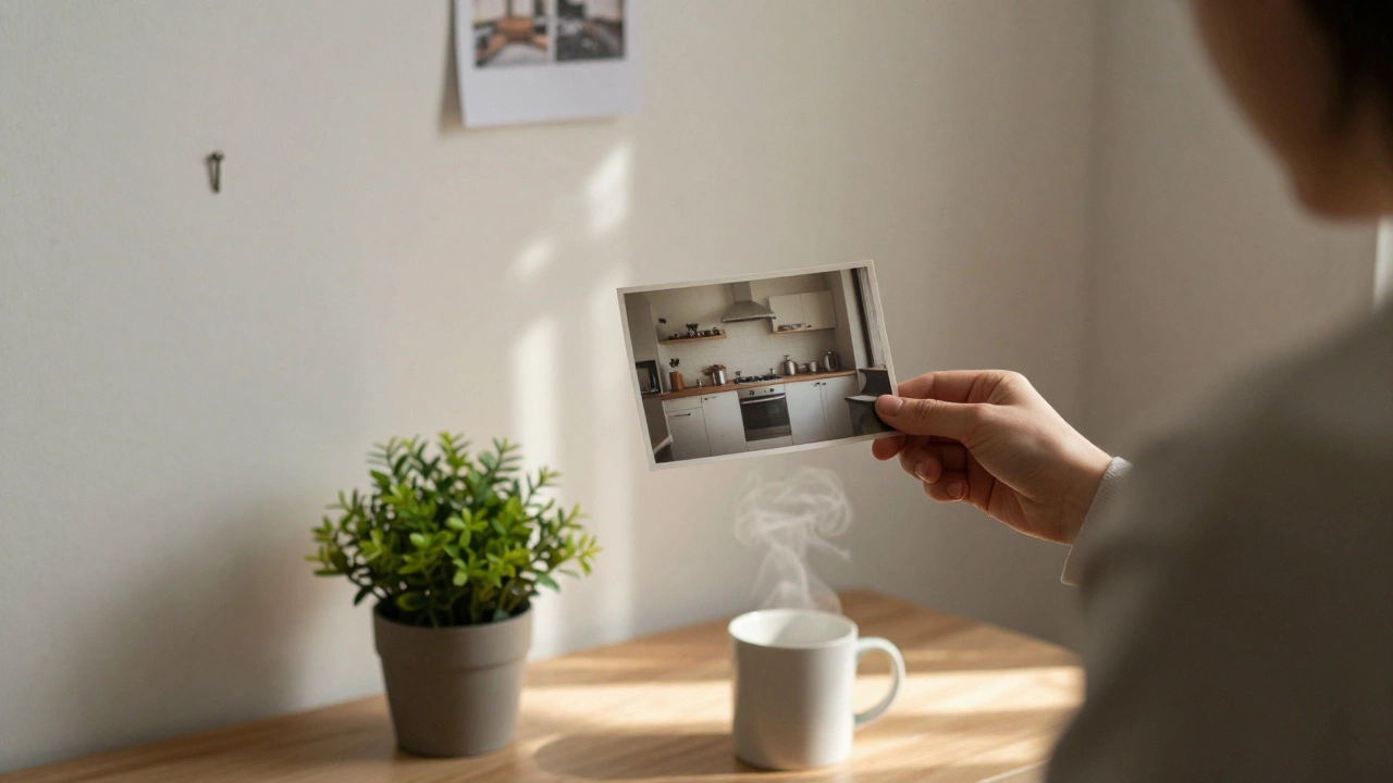 Человек держит старую фотографию в новой квартире, рядом — чашка и растение.