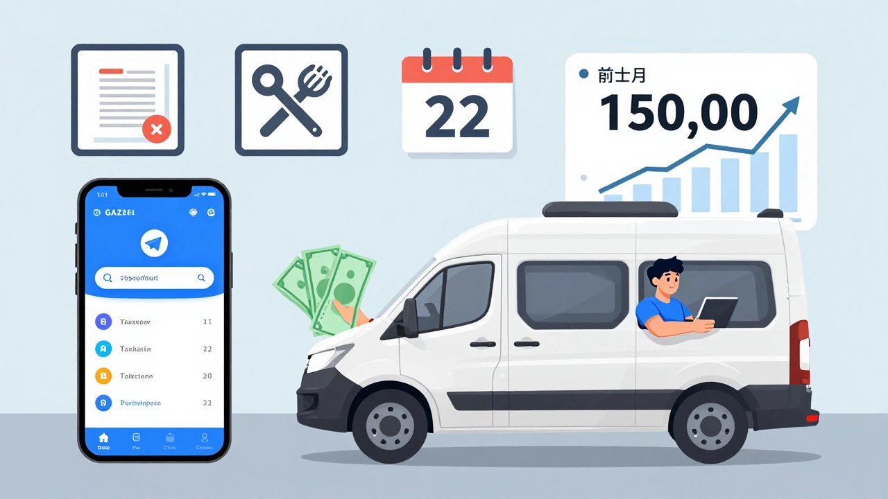 Газель как бизнес: телефон с заказами, деньги, график доходов и документы — символ успеха грузчика.