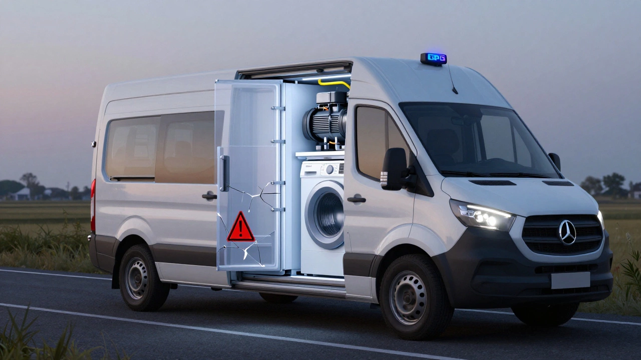 Газель на дороге с прозрачными схемами внутренних механизмов техники, предупреждение о неправильной перевозке.