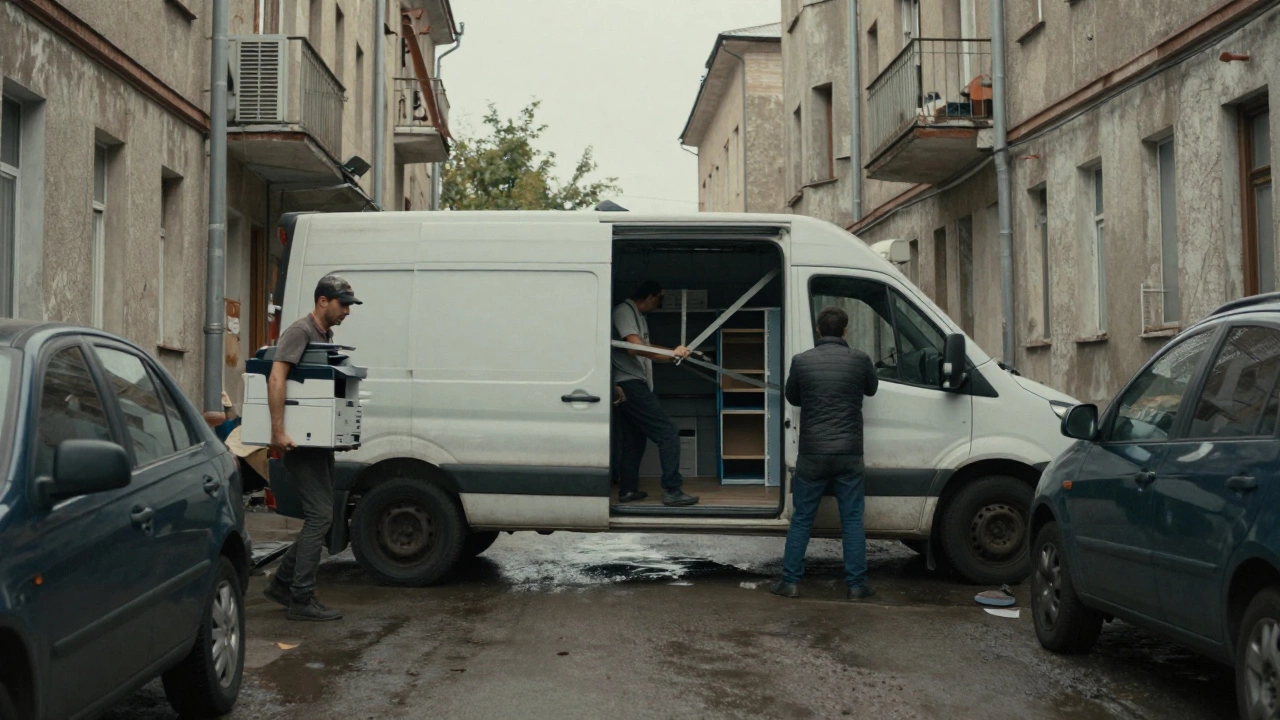 Газель проезжает по узкой улочке между старыми зданиями, грузчики несут офисную технику.