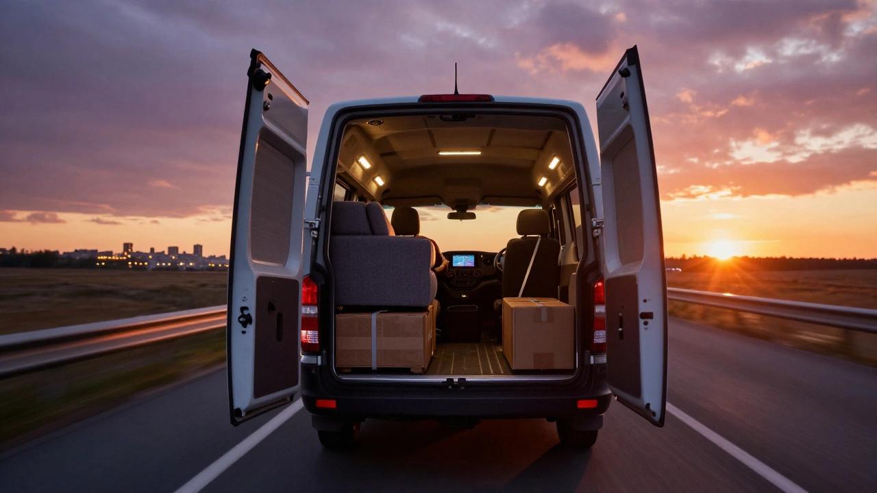 Грузовик на трассе в закате с мебелью внутри, видно GPS с маршрутом Калуга — Москва, городские огни на горизонте.