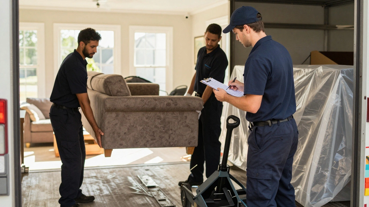 Команда грузчиков в США аккуратно грузит диван в специализированный грузовик с использованием оборудования.