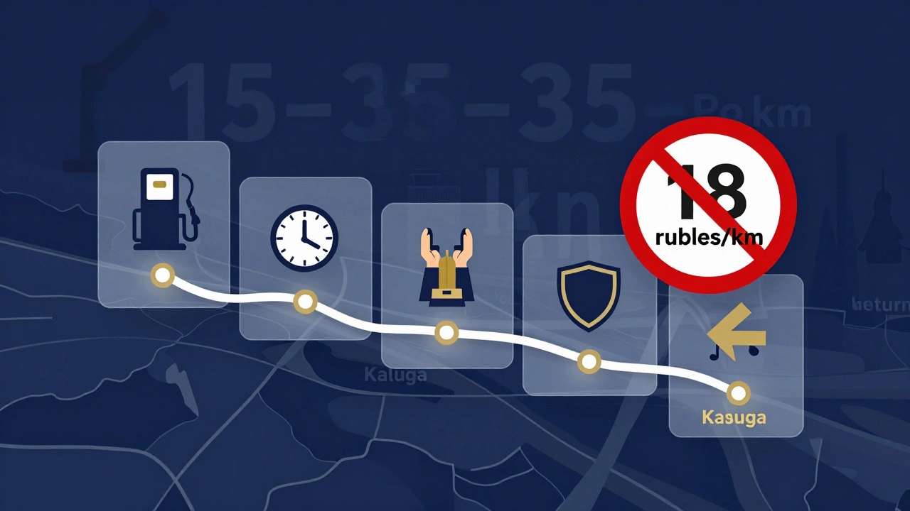 Концептуальная схема стоимости перевозки: иконки топлива, времени, погрузки и возврата с ценами, перечеркнутая ложная цена за км.