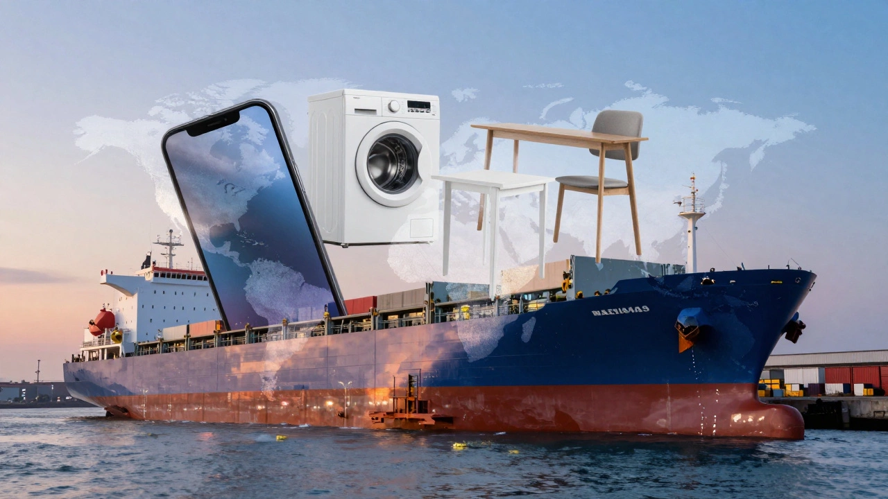 Концептуальное изображение: товары из контейнера сливаются с океанским судном на закате.