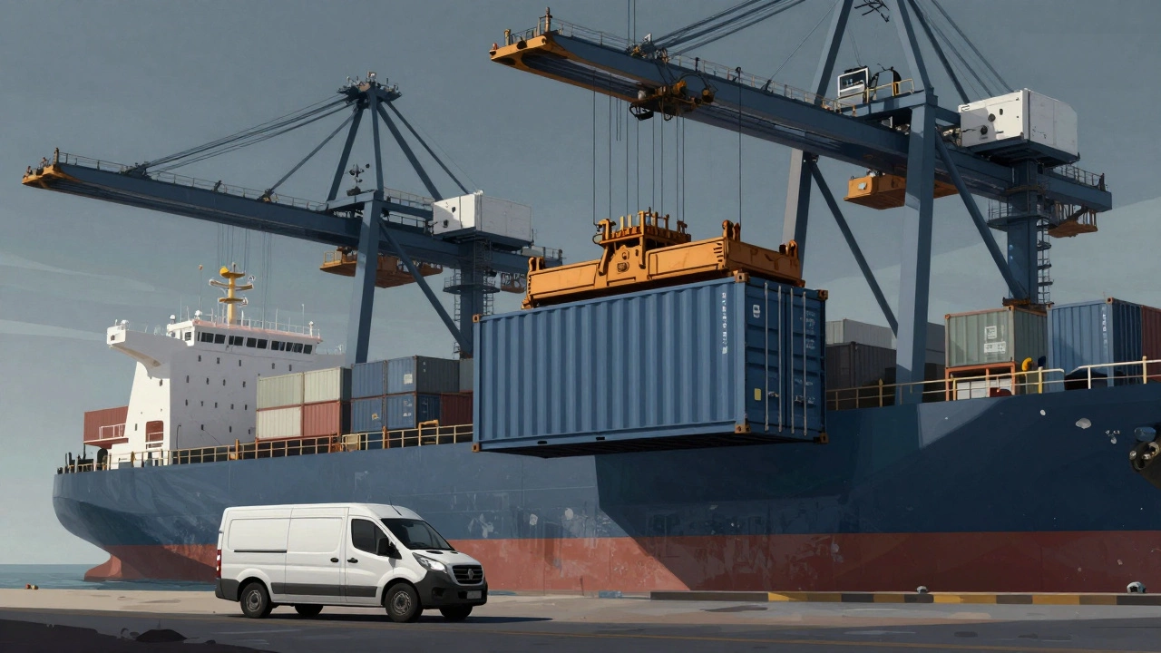 Контейнер разгружается с судна, рядом — маленькая грузовик Газель на фоне порта.