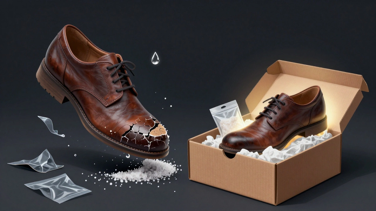 Контраст: испорченная обувь в грязи и правильно упакованная в коробке.
