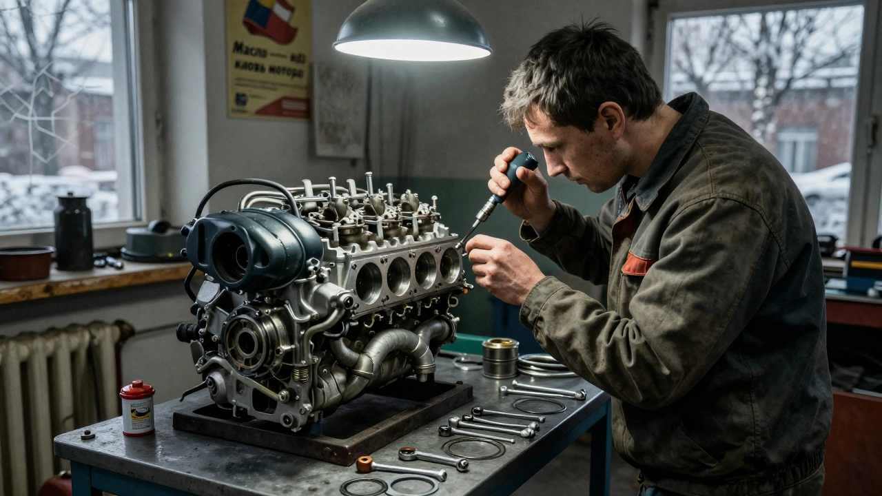 Механик осматривает снятый бензиновый двигатель ЗМЗ-405 с помощью бороскопа в мастерской.