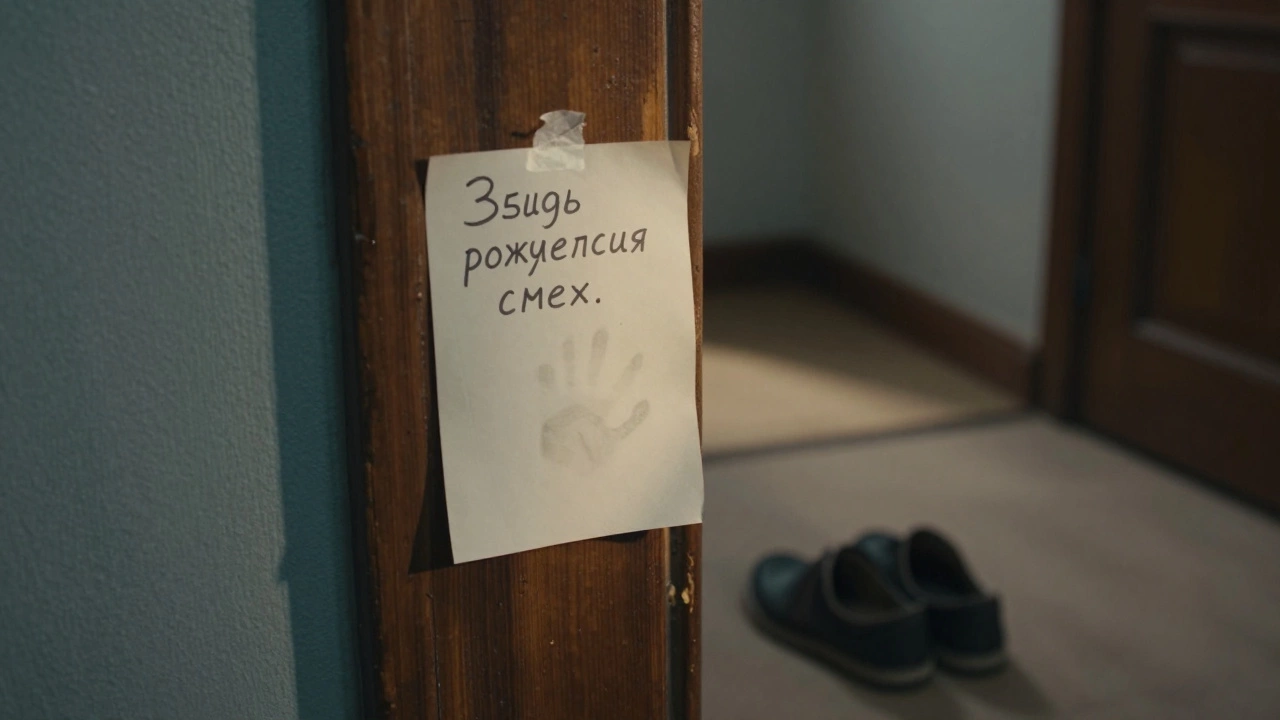На дверном косяке — записка и следы детской руки, дверь ведёт в пустой коридор.